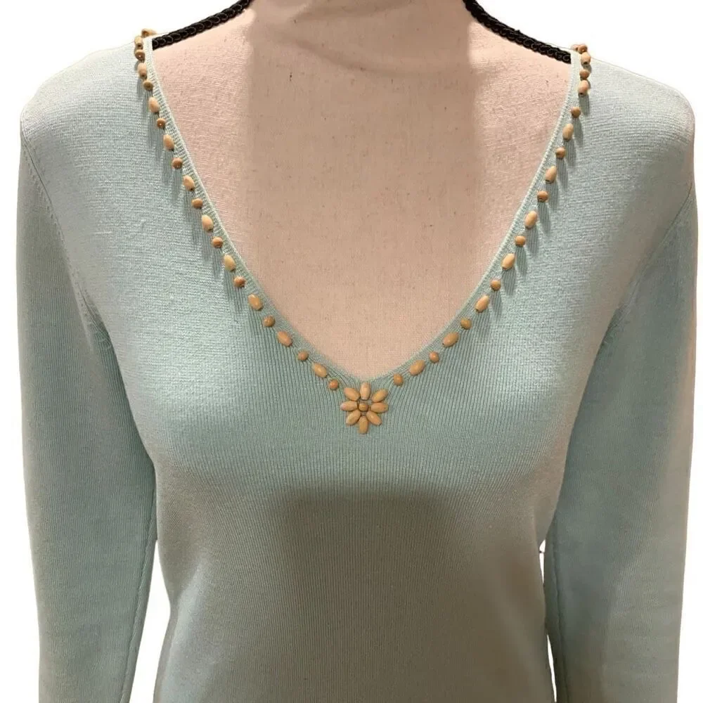 Tahari Arthur Levine Top Silk Blend Embellished V-Neck 3/4‎ Slv Pastel Green Sm.